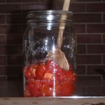 tomatoes cut up in jar at beginning of seed saving process