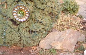 Two more gift suggestions:  landscaping rock and unique garden art made from antique glass dishes