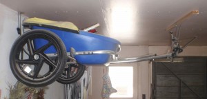 double hook system to hang bike trailer from garage ceiling