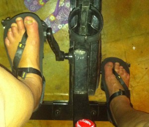 Luna sandals on my spinning bike pedals
