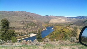 The road crosses over the Snake River several times on the way to Jackson.