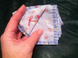 Easy to sew personalized cotton handkerchief - this is one that I hemmed by hand. I use hankies a lot because they make me sneeze less than paper tissue. They are also easier on an irritated nose.