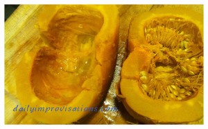 It worked best to cut the pumpkin in half and scoop out the seeds before peeling the bottom part.