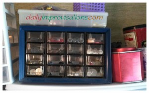I first saw drawers like these used for storing things like nuts, bolts, and screws. I use them for buttons, which I inherited a lot of from two grandmas. I rarely buy buttons!