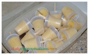 After the canned pear popsicles were frozen, they could jumble around in the plastic container all they wanted to. 