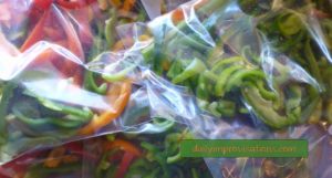 Sliced bell peppers in their bags for the freezer.