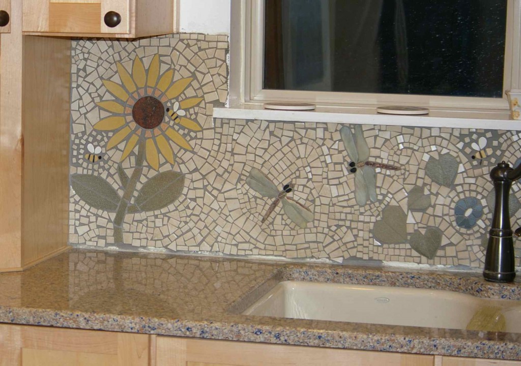 bees and dragonflies on the tile mosaic cut and put up by my husband