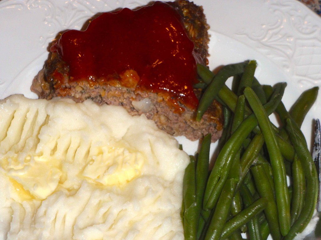 meatloaf, mashed potatoes, and green beans