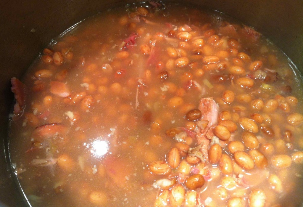 Here is what my flambo beans and ham looked like after their simmer time, once the main bone was removed to be worked on.